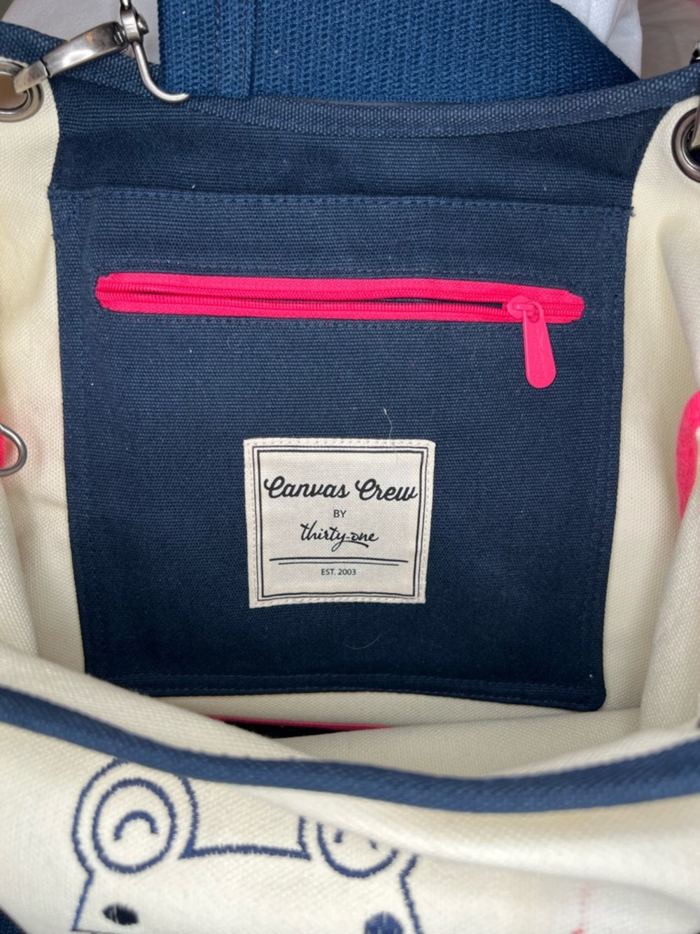 Canvas Crew Tote Bag by Thirty One Navy Cream Large Embroidered Frog - Picture 10 of 13